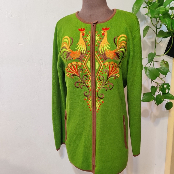 Bob Mackie Wearable Art Vintage Rooster Floral Zip Up Sweater - Picture 3 of 8